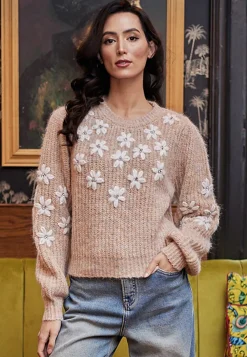 Beige Jumper With White Embroidered Flowers by Angeleye