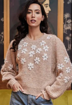 Beige Jumper With White Embroidered Flowers by Angeleye