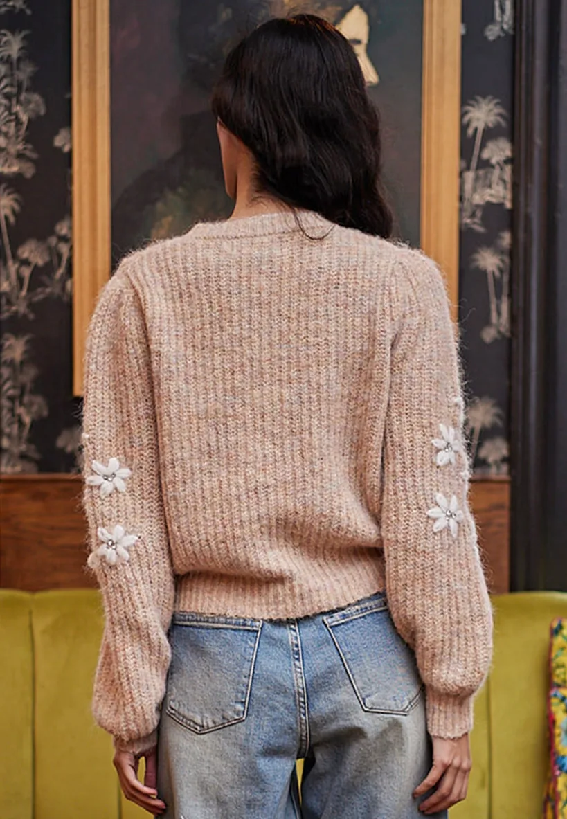 Beige Jumper With White Embroidered Flowers by Angeleye