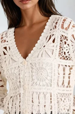 Beige Patchwork Crochet V Neck Cardigan by Aftershock London