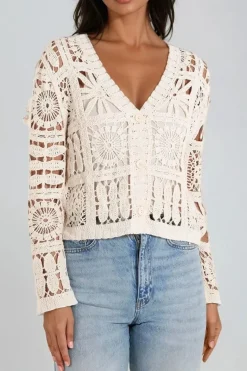 Beige Patchwork Crochet V Neck Cardigan by Aftershock London