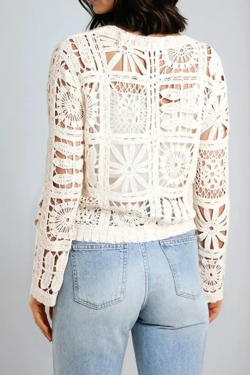 Beige Patchwork Crochet V Neck Cardigan by Aftershock London