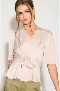 Beige Short Sleeve Knotted Crepe Satin Top by LOVE SUNSHINE