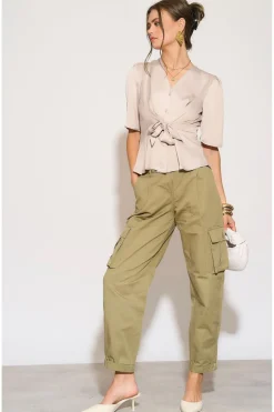 Beige Short Sleeve Knotted Crepe Satin Top by LOVE SUNSHINE