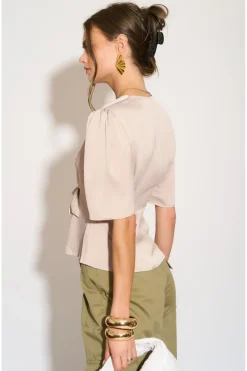 Beige Short Sleeve Knotted Crepe Satin Top by LOVE SUNSHINE