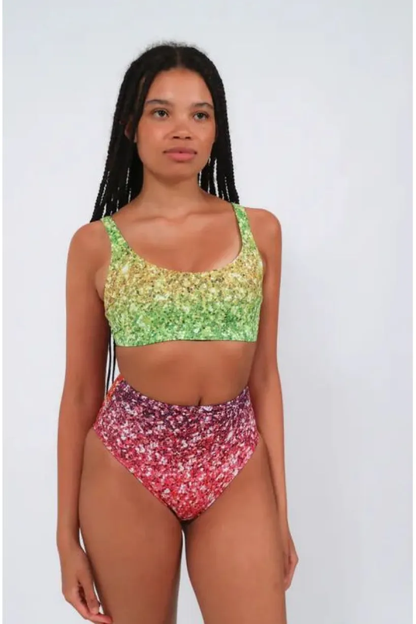 Bikini Crop Top In Rainbow Glitter Print by Maribela