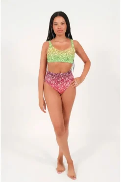 Bikini Crop Top In Rainbow Glitter Print by Maribela