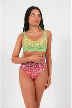 Bikini Crop Top In Rainbow Glitter Print by Maribela