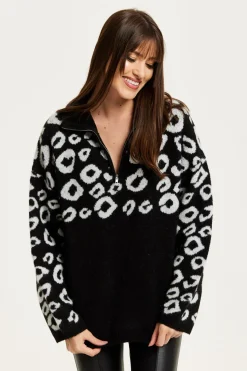 Black And White Jacquard Animal Pattern Jumper With Zip Front by Liquorish