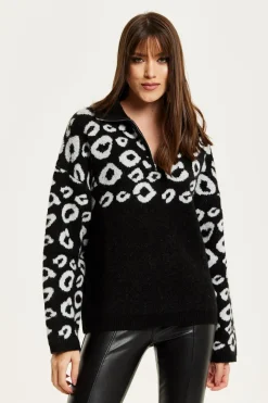 Black And White Jacquard Animal Pattern Jumper With Zip Front by Liquorish