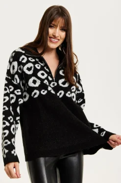 Black And White Jacquard Animal Pattern Jumper With Zip Front by Liquorish