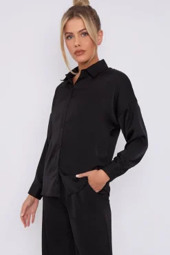 Black Brushed Satin Shirt by LOVE SUNSHINE