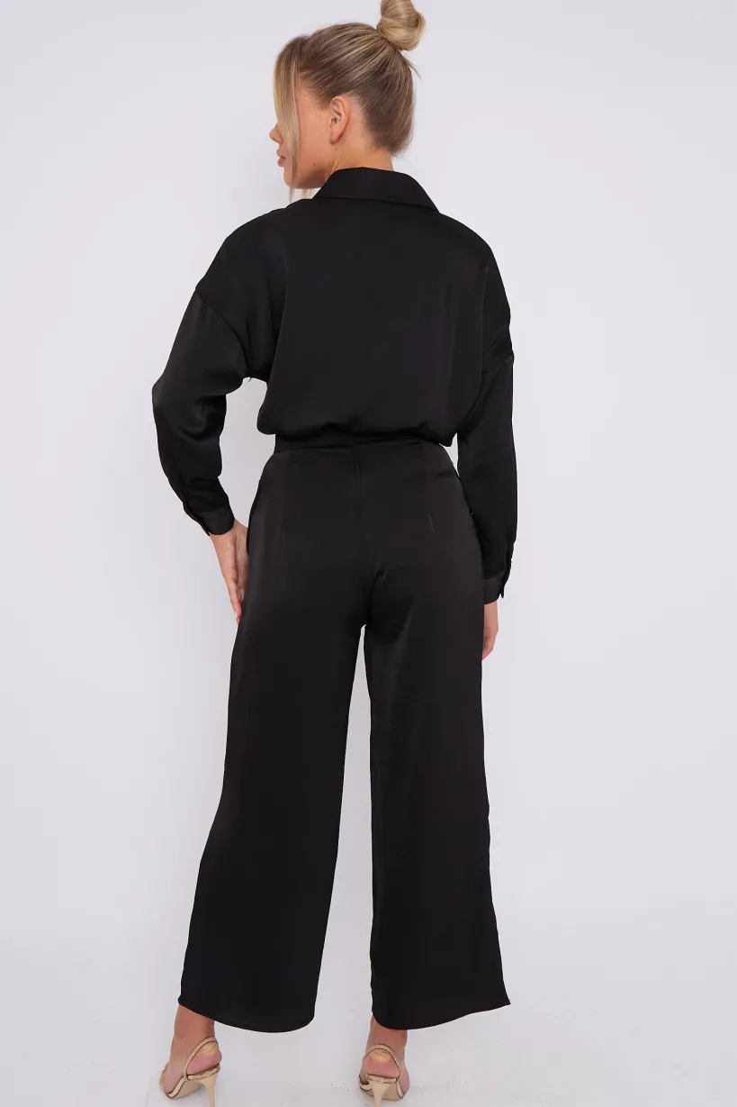 Black Brushed Satin Trousers by LOVE SUNSHINE