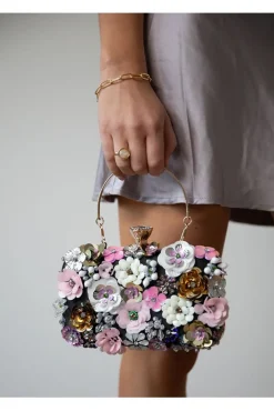 Black Floral Applique Clutch Bag by SVNX