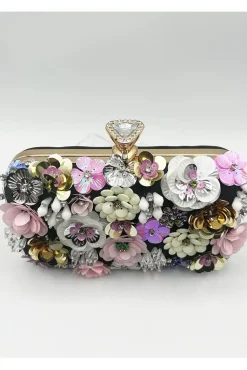 Black Floral Applique Clutch Bag by SVNX
