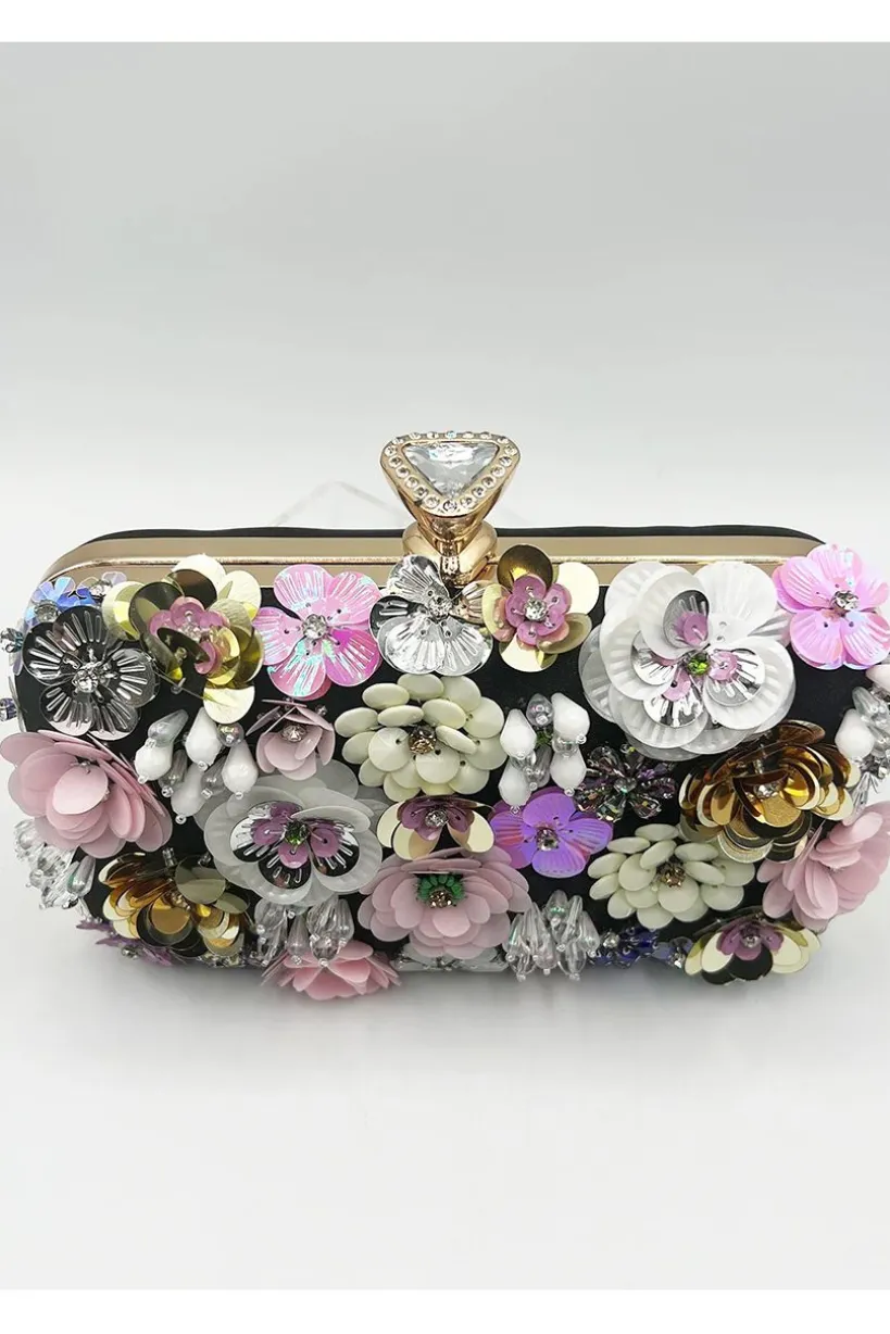 Black Floral Applique Clutch Bag by SVNX