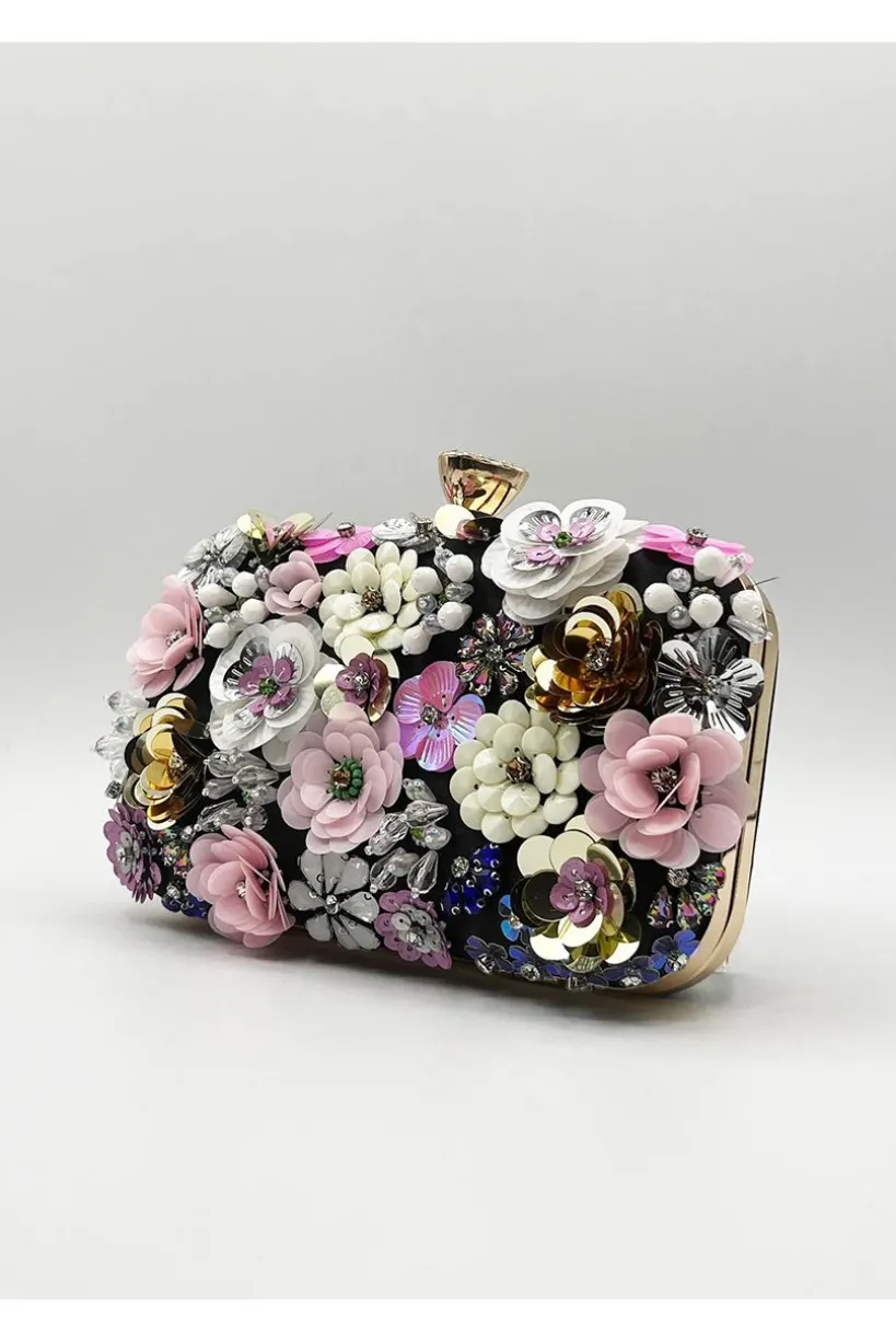 Black Floral Applique Clutch Bag by SVNX