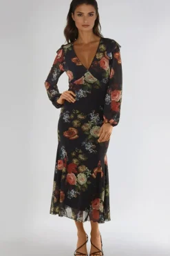 Black Floral V Neckline Midi Dress by Aftershock London