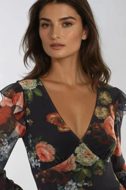 Black Floral V Neckline Midi Dress by Aftershock London