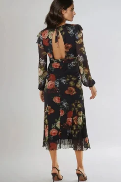 Black Floral V Neckline Midi Dress by Aftershock London