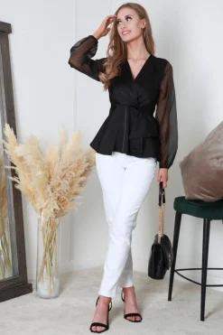 Black Frill Front Satin Top by Double Second