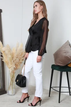 Black Frill Front Satin Top by Double Second