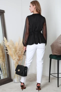 Black Frill Front Satin Top by Double Second