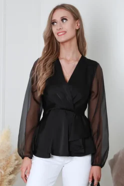 Black Frill Front Satin Top by Double Second
