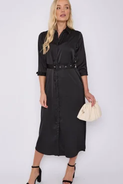 Black Half Sleeve Belted Maxi Shirt Dress by LOVE SUNSHINE