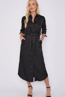 Black Half Sleeve Belted Maxi Shirt Dress by LOVE SUNSHINE