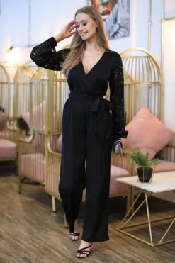 Black Jumpsuit With Sequin Sleeves by Double Second