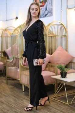 Black Jumpsuit With Sequin Sleeves by Double Second