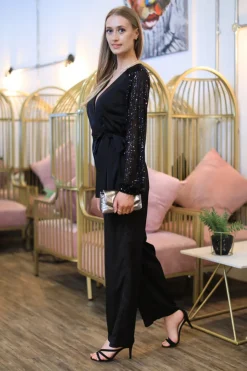 Black Jumpsuit With Sequin Sleeves by Double Second