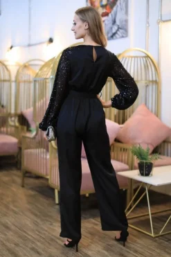 Black Jumpsuit With Sequin Sleeves by Double Second