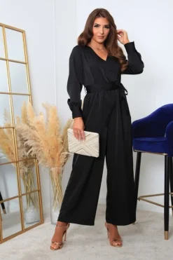 Black Lux Satin Wrap Jumpsuit by Double Second