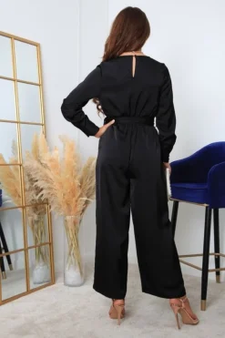 Black Lux Satin Wrap Jumpsuit by Double Second