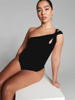 Black One Shoulder Knot Bodysuit by InFlair