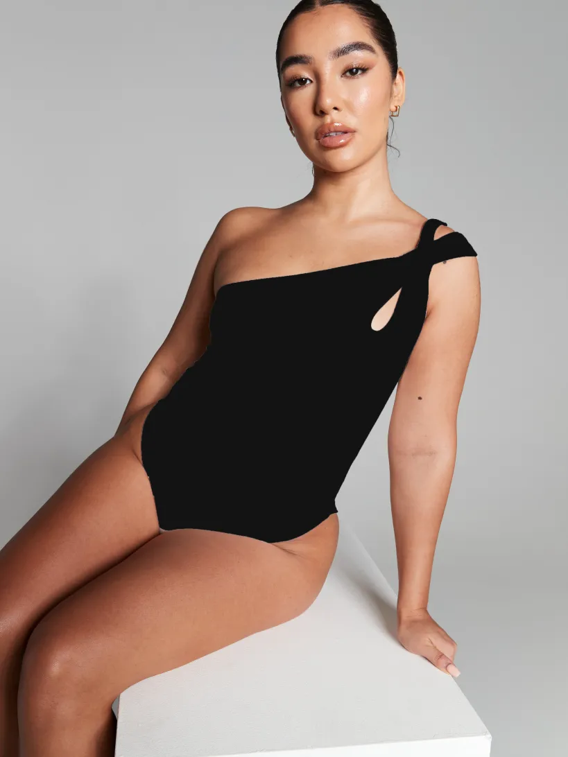 Black One Shoulder Knot Bodysuit by InFlair