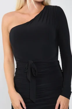 Black One Shoulder Ruched Slinky Midi Dress by Avinci