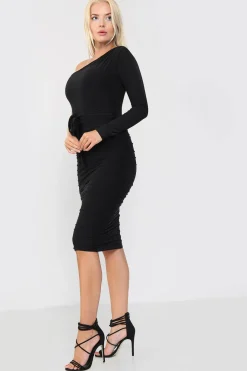 Black One Shoulder Ruched Slinky Midi Dress by Avinci