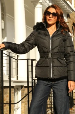 Black Padded Short Belted Puffer by Double Second