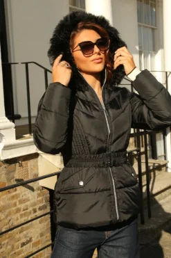 Black Padded Short Belted Puffer by Double Second
