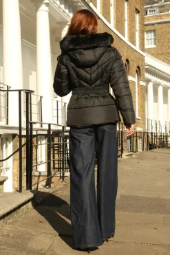 Black Padded Short Belted Puffer by Double Second