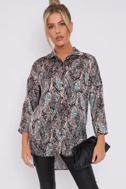 Black Paisley Print Layer Satin Oversized Shirt by LOVE SUNSHINE