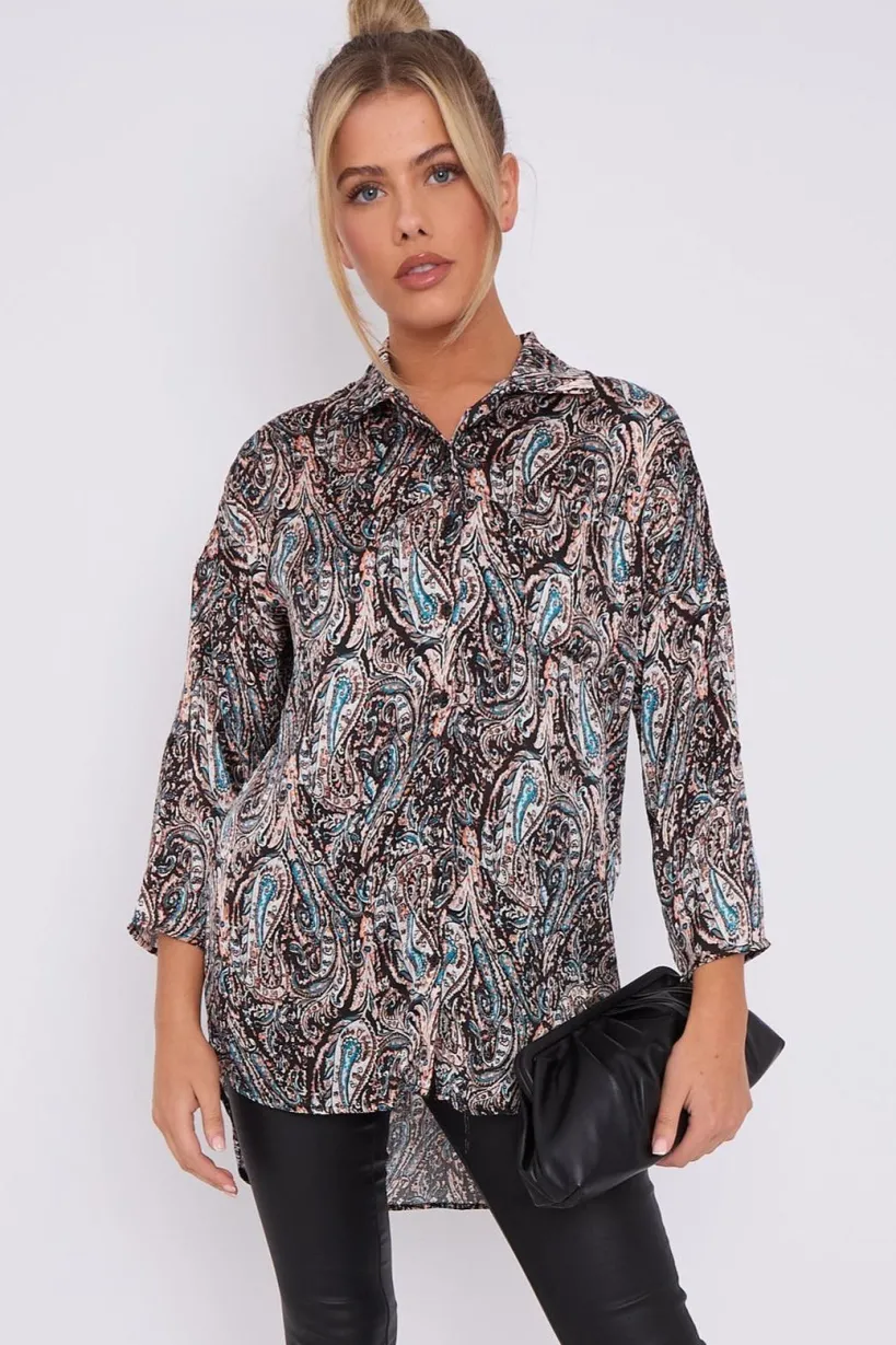 Black Paisley Print Layer Satin Oversized Shirt by LOVE SUNSHINE