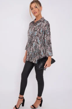Black Paisley Print Layer Satin Oversized Shirt by LOVE SUNSHINE