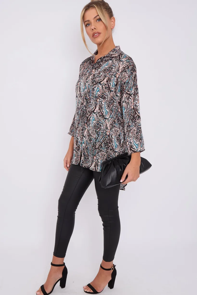 Black Paisley Print Layer Satin Oversized Shirt by LOVE SUNSHINE