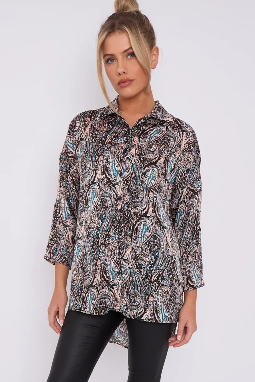 Black Paisley Print Layer Satin Oversized Shirt by LOVE SUNSHINE