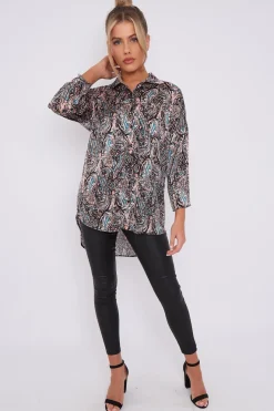 Black Paisley Print Layer Satin Oversized Shirt by LOVE SUNSHINE