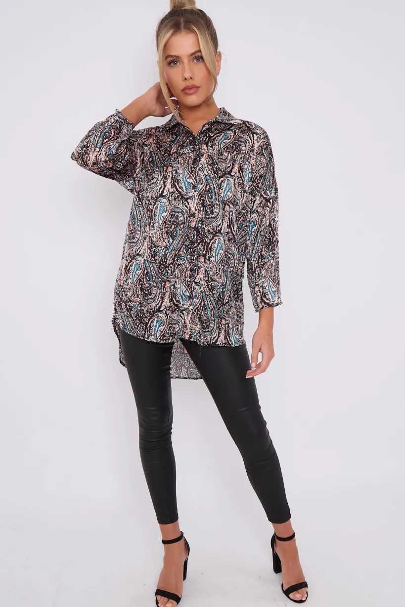 Black Paisley Print Layer Satin Oversized Shirt by LOVE SUNSHINE